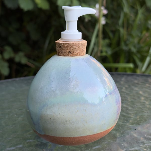 Hand thrown stoneware soap dispenser with pump. Blue green glaze 