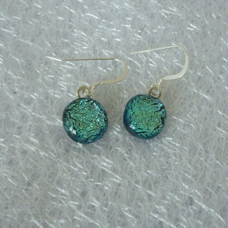 Icy Blue Dichroic Glass Dangle Earrings with 925 Silver Earwires