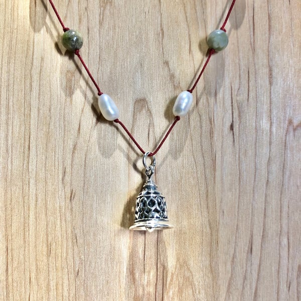 Silver Bell pendant with Indian Agate and Freshwater Pearls