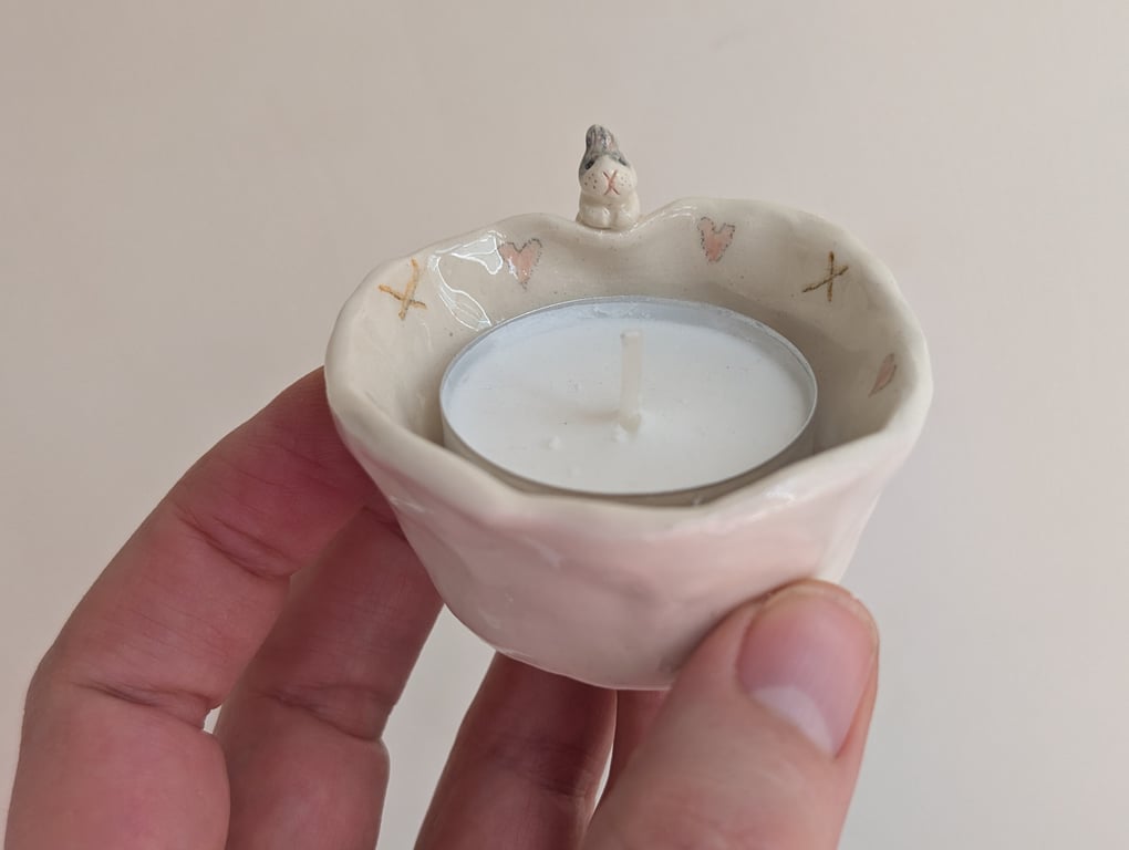 Ceramic tealight wth grey & white bunny hearts & pawprints, rabbit candle holder