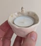 Ceramic tealight wth grey & white bunny hearts & pawprints, rabbit candle holder