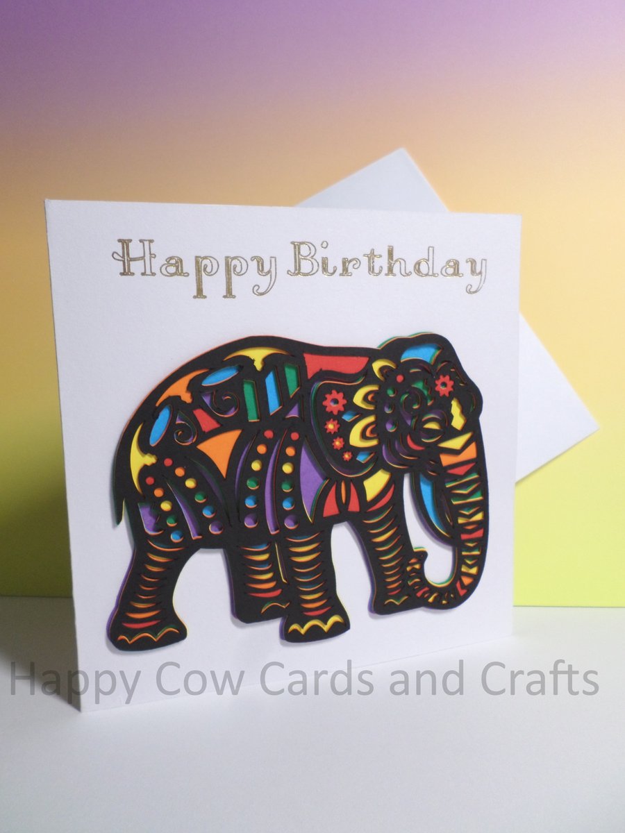 Beautiful layered mandala style elephant Happy Birthday card