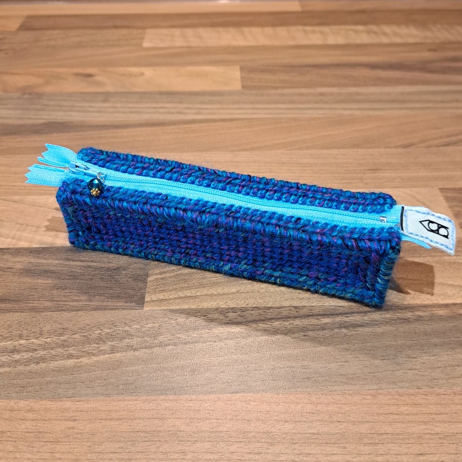 Pencil case - blue, purple, green mix, light blue zip, blue charm