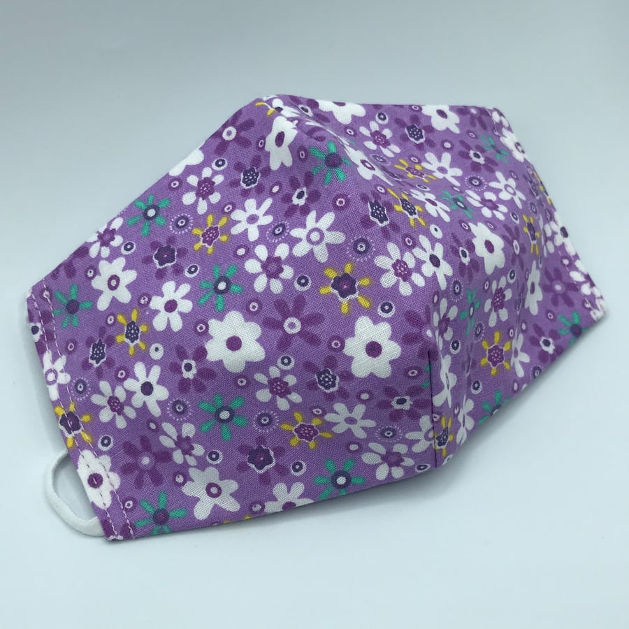 Purple, lilac, white Floral Triple Layer Face Mask. Double Sided. Cotton Fabric.
