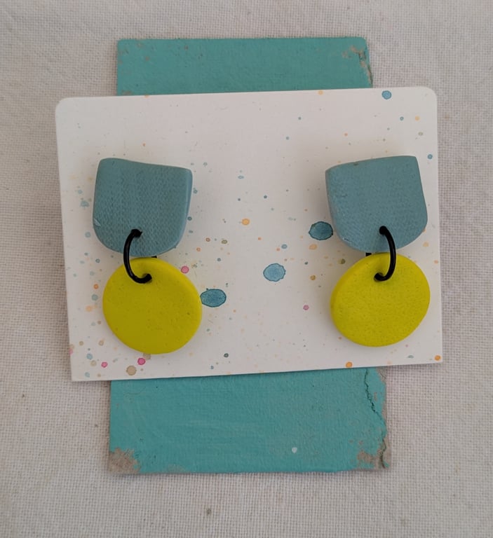 Lightweight dangly earrings, bright yellow and blue, polymer clay earrings