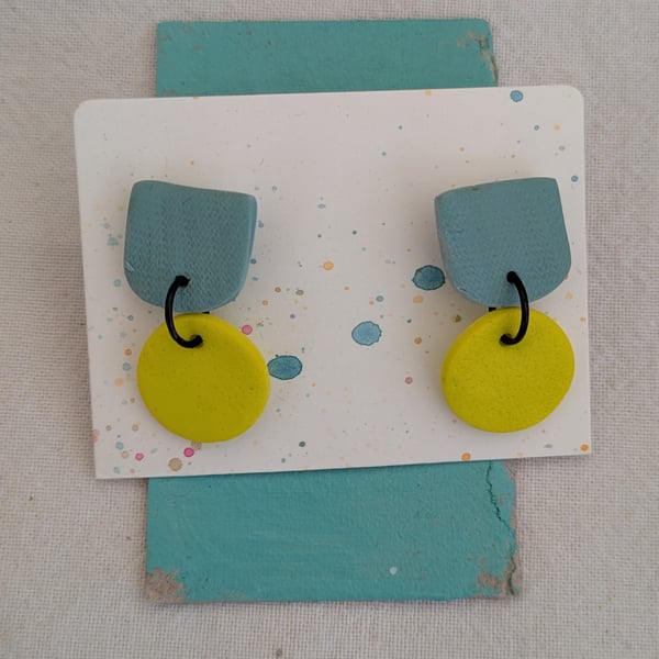 Lightweight dangly earrings, bright yellow and blue, polymer clay earrings