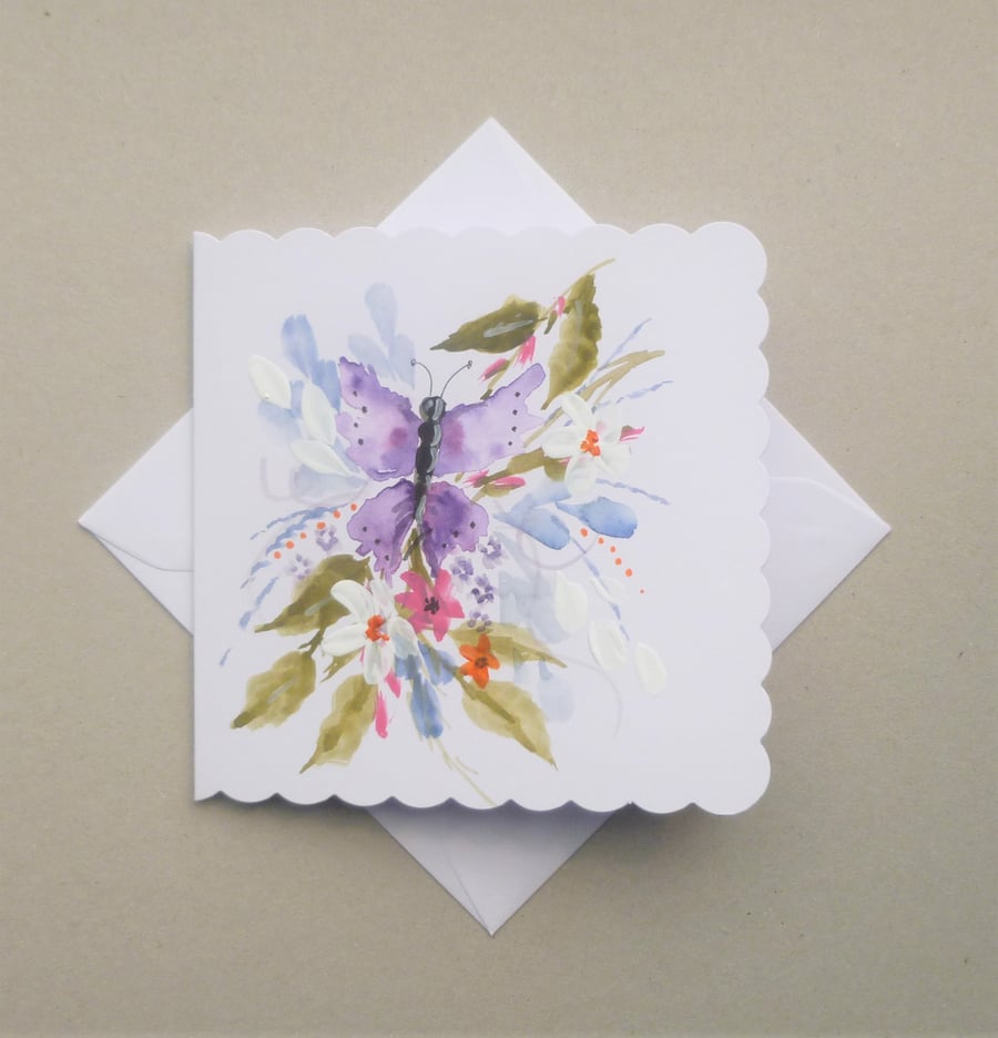 butterfly and flowers hand painted original art greetings card ( ref F 551.H1 )