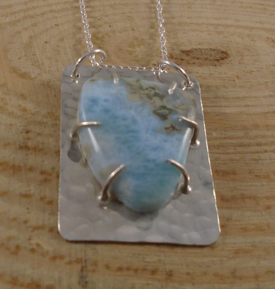 Sterling Silver Hammered Larimar Necklace