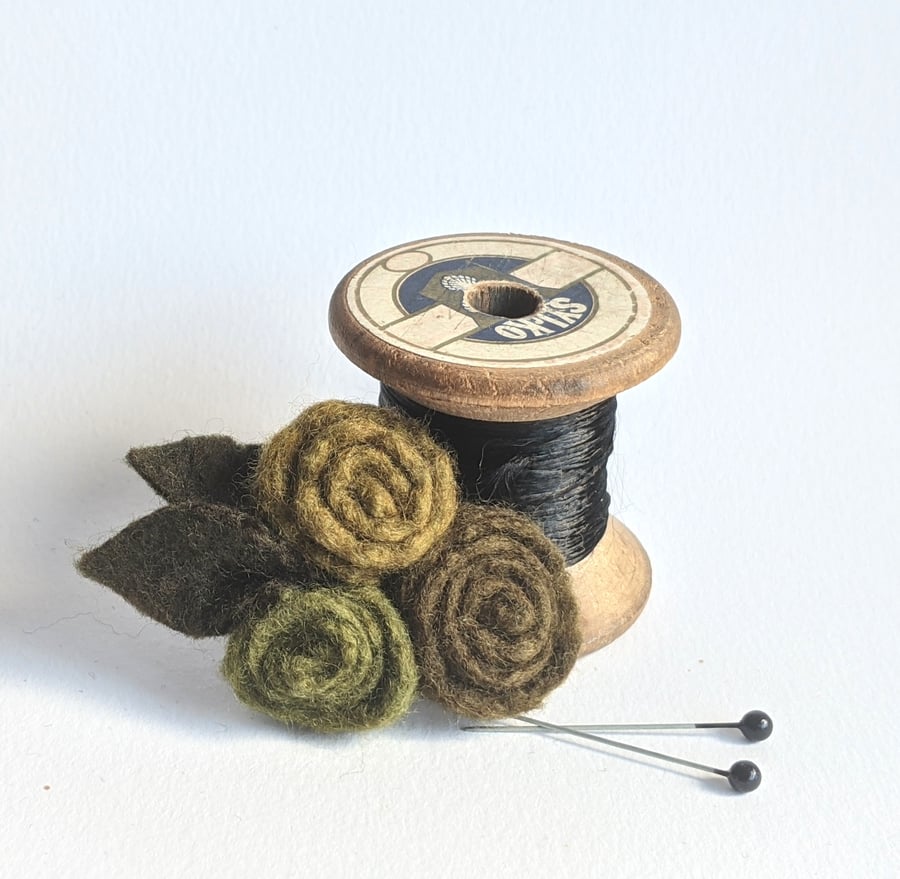 Small felted roses brooch in shades of olive