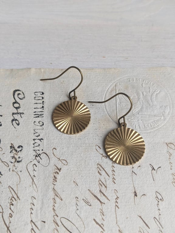 Little Coin earrings - sunburst circles in raw brass - simple - nickel free