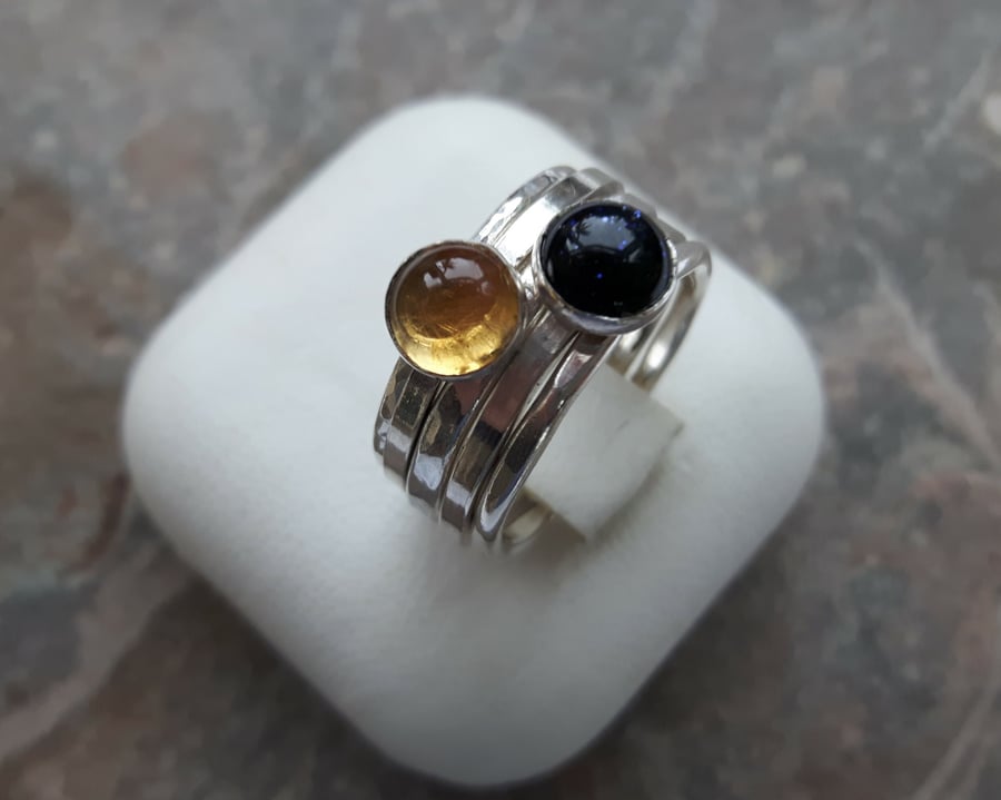 Stack of Five Sterling Silver Rings: Moon and Stars, with Citrine and Goldstone 