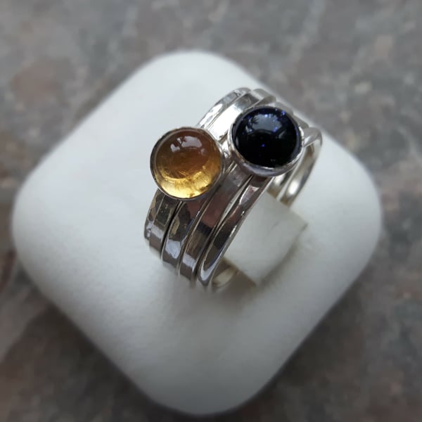 Stack of Five Sterling Silver Rings: Moon and Stars, with Citrine and Goldstone 