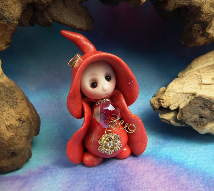 July Ruby Birthstone Gnome 'Verna' OOAK Sculpt by Ann Galvin