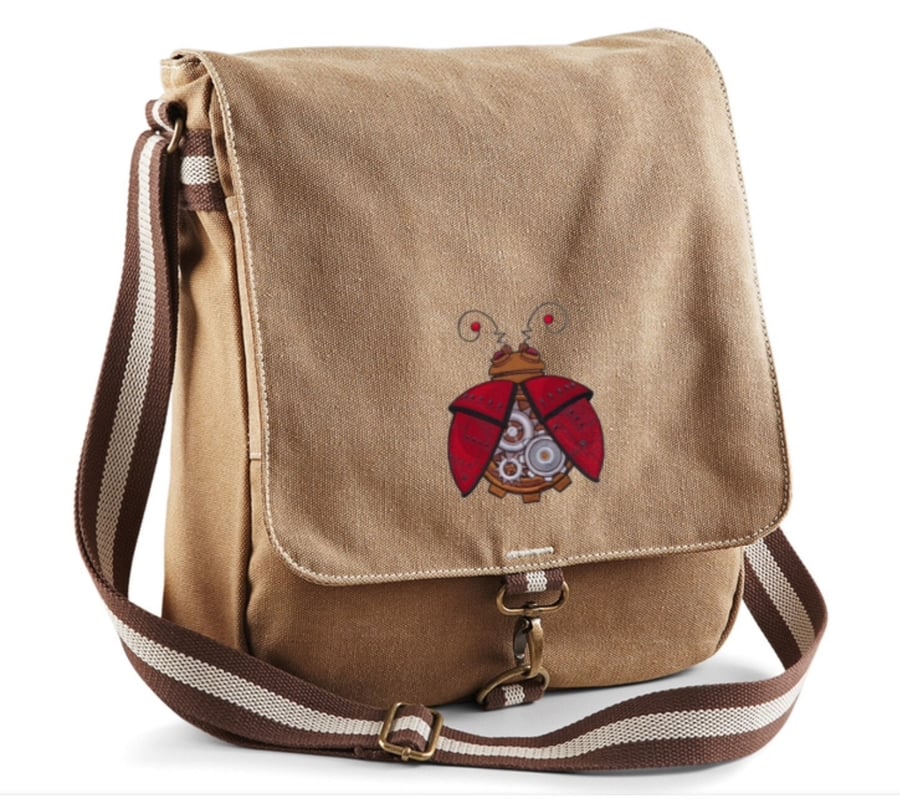 Steampunk Ladybug Embroidered Canvas Field Bag