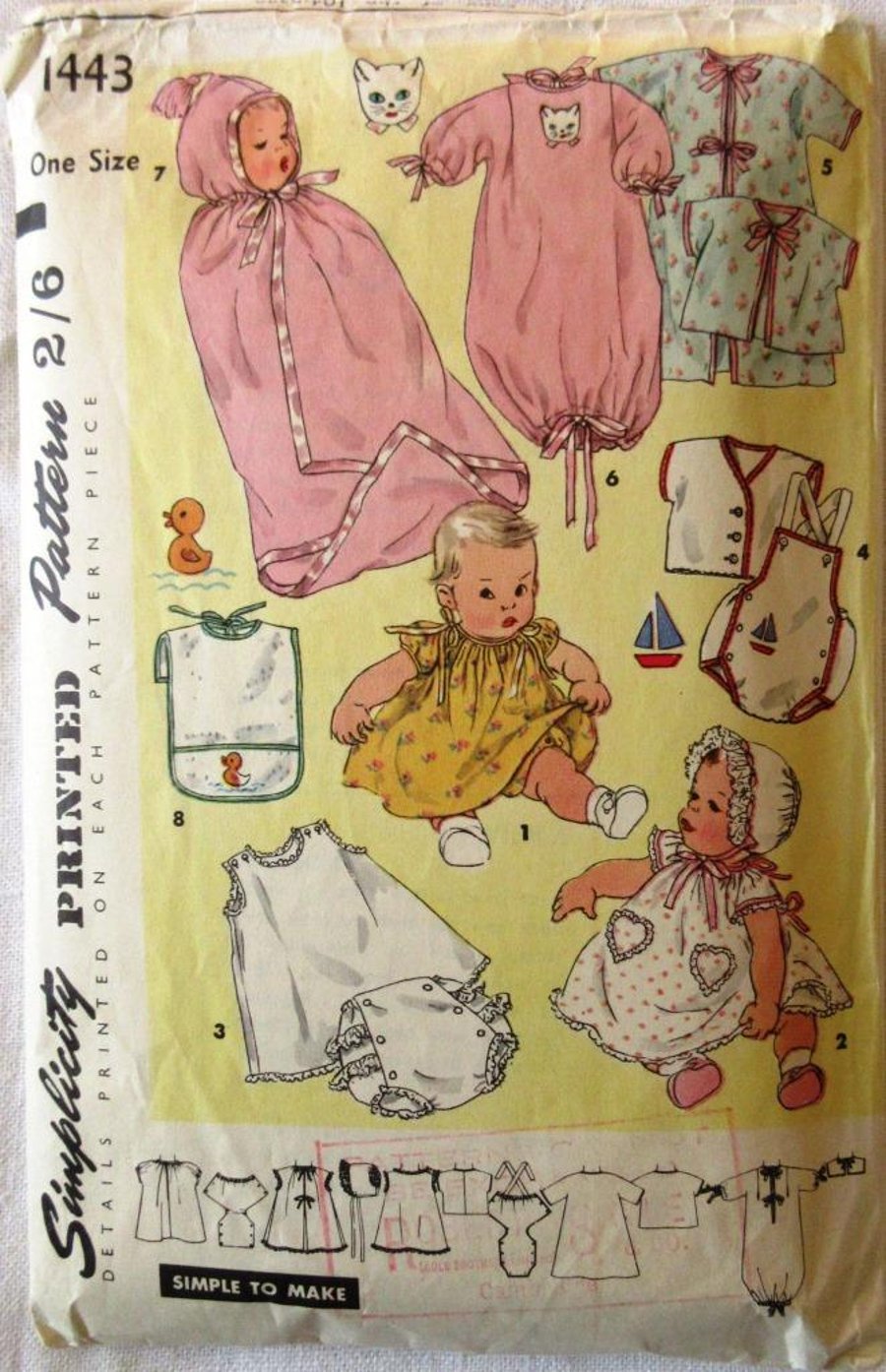 A vintage sewing pattern for a baby's layette in one size (Simplicity 1443)