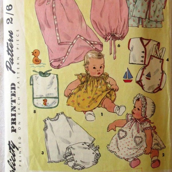 A vintage sewing pattern for a baby's layette in one size (Simplicity 1443)