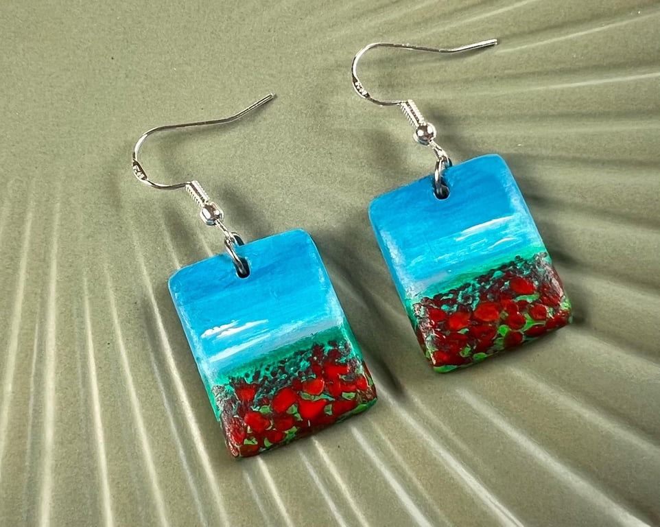 Poppy Earrings, Floral Earrings, Handmade Earrings, Clay Earrings, Handpainted 