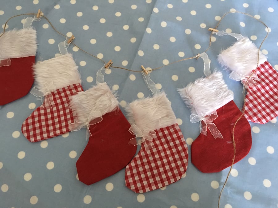 Red Gingham Christmas cotton fabric stocking garland banner, Christmas stockings