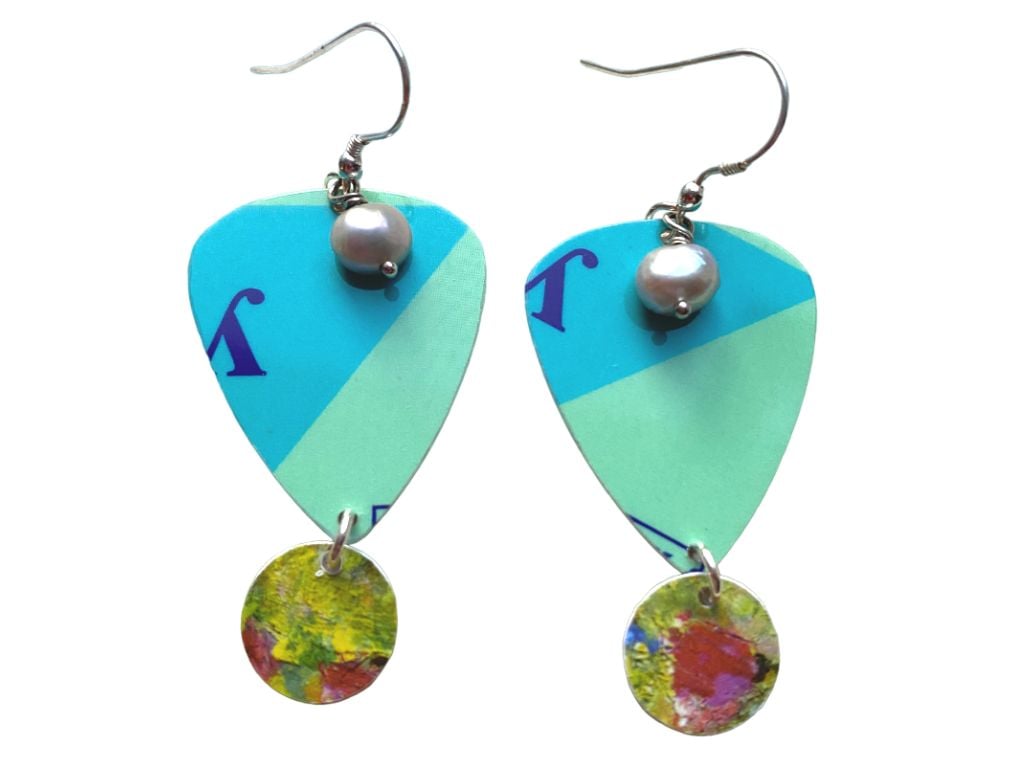 Recycled Blue and Green Stripey Plectrum Earrings with Freshwater Pearl