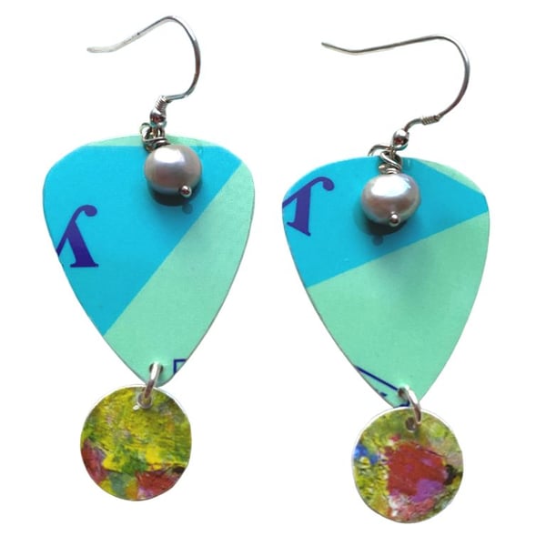 Recycled Blue and Green Stripey Plectrum Earrings with Freshwater Pearl