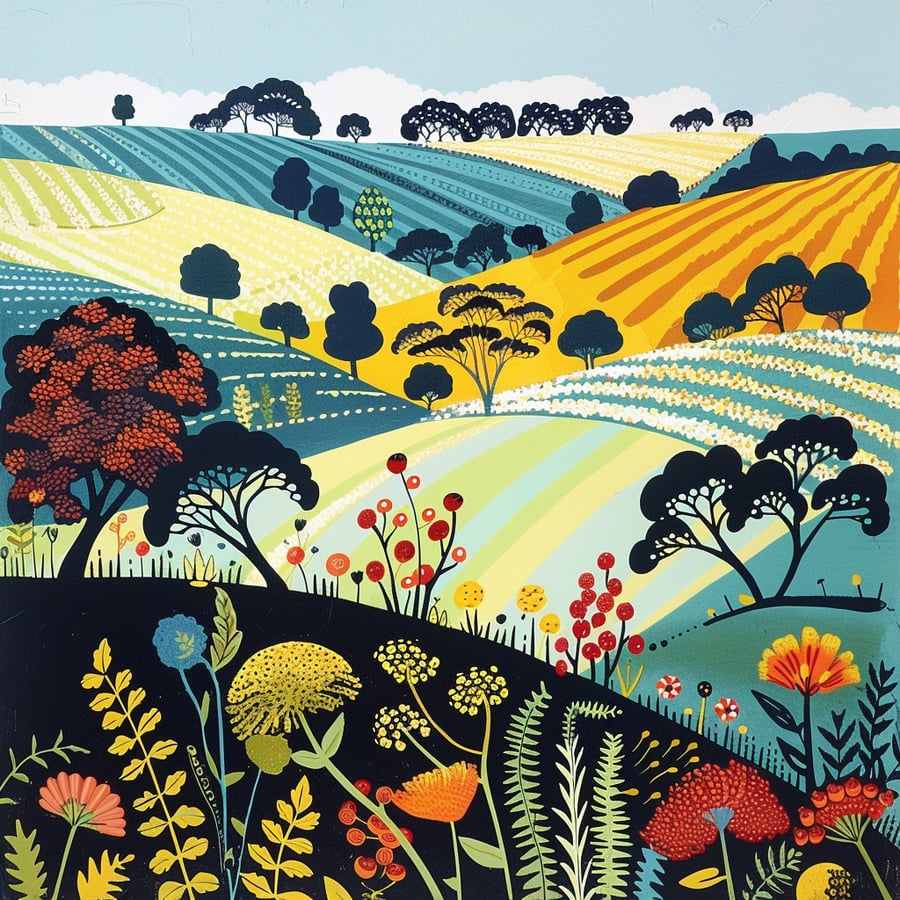 Colourful Countryside, Landscape Art, Fine Art Print, Home Decor, Gift Idea,