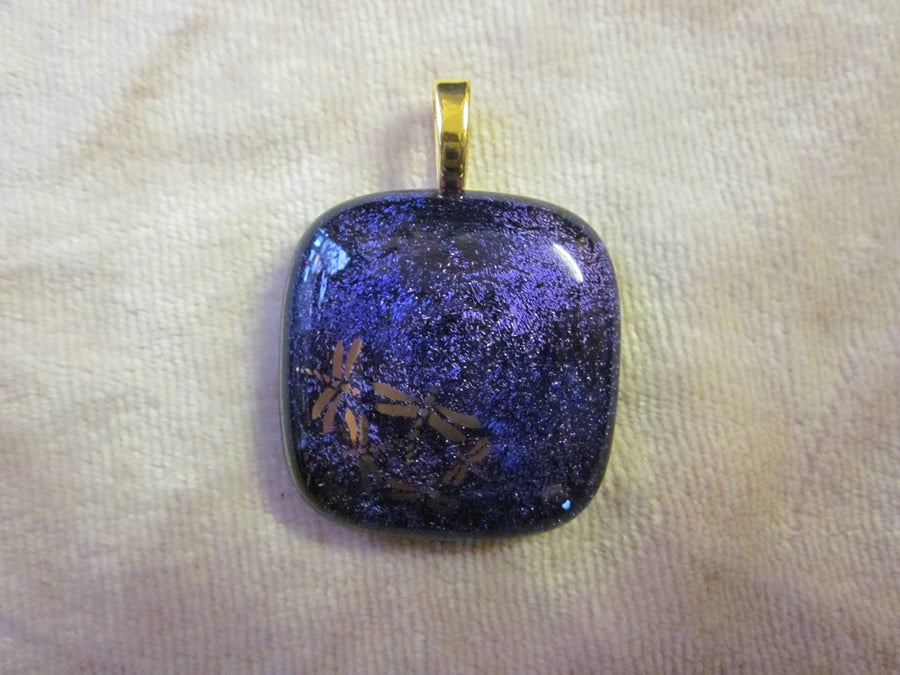 Handmade dichroic glass cabochon pendant - Purple with gold dragonflies