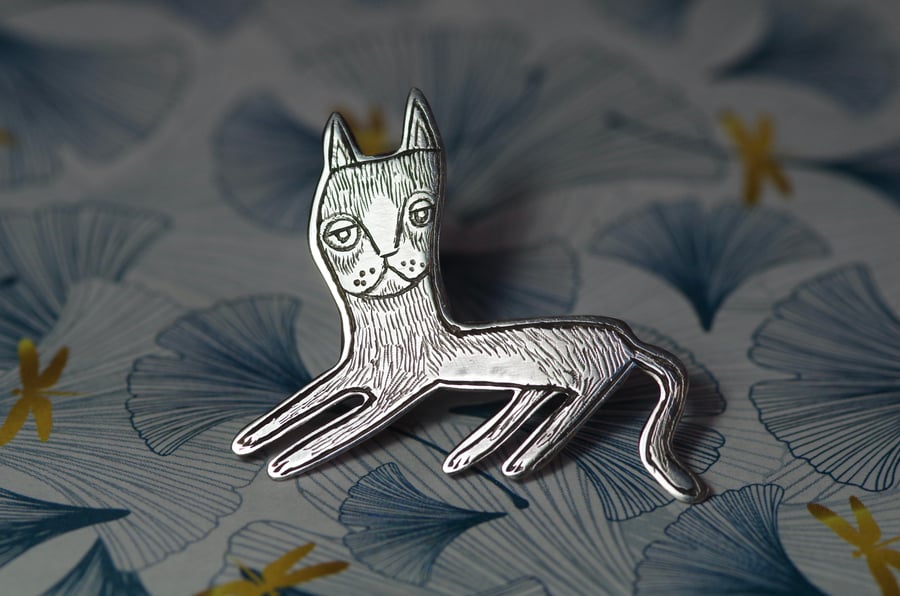 Weird Ugly Cat lapel pin - Handmade Sterling silver brooch badge