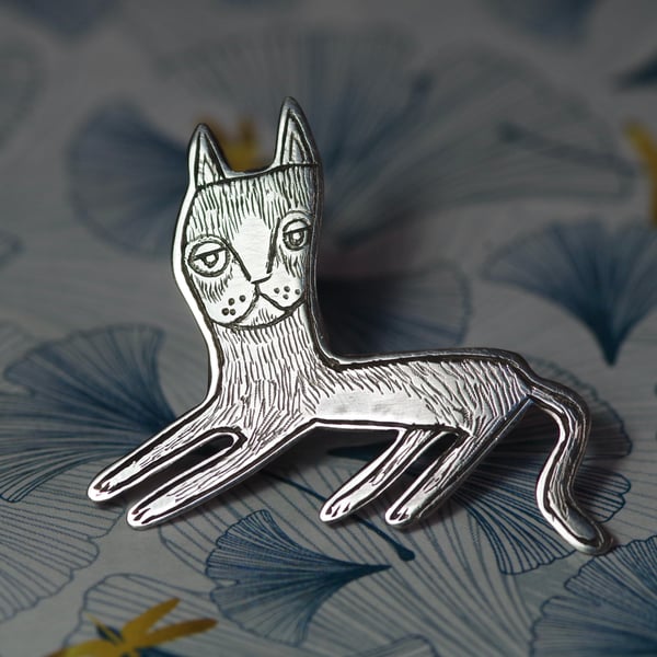 Weird Ugly Cat lapel pin - Handmade Sterling silver brooch badge