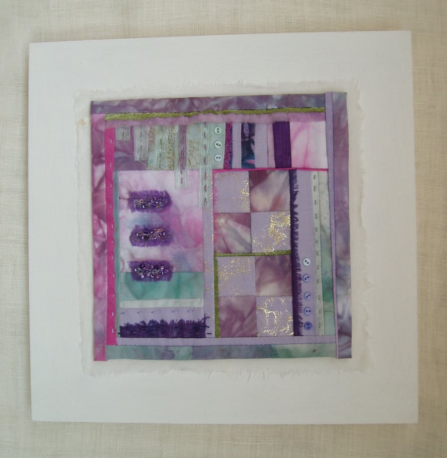 ABSTRACT QUILT ART PICTURE, pink and mauve lavender colours, textile art 