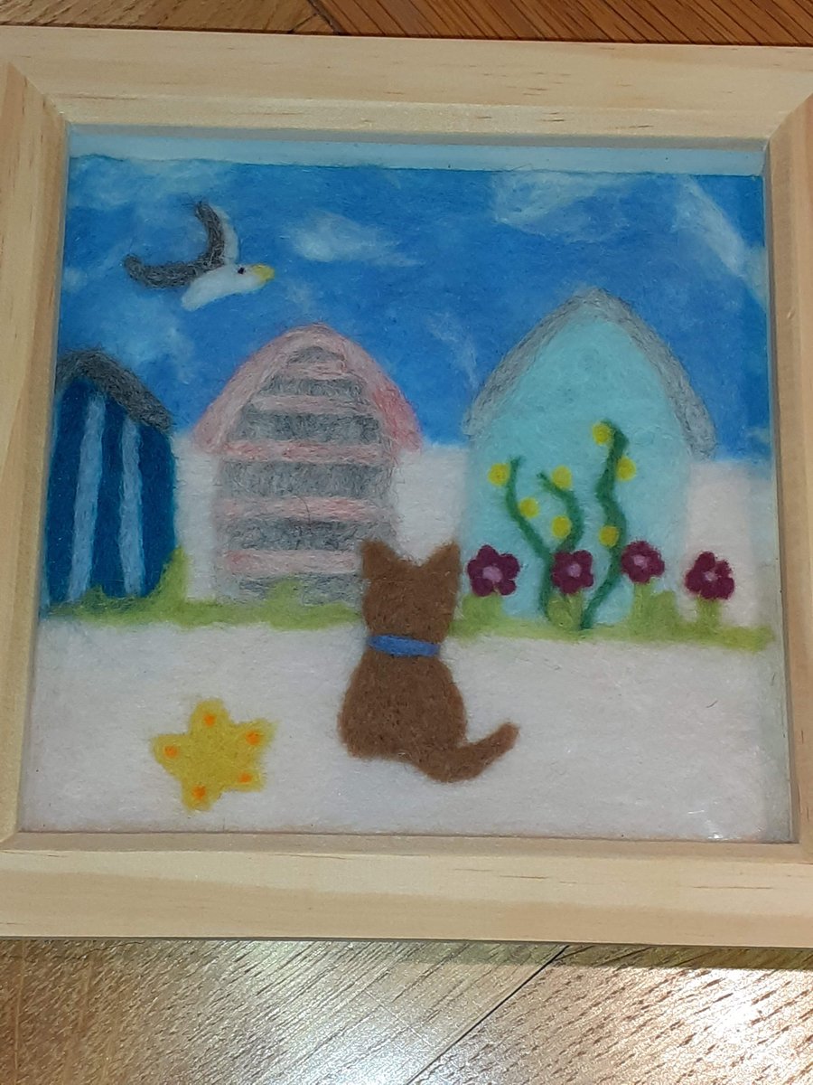 Needle Felted Beach Huts and dog picture