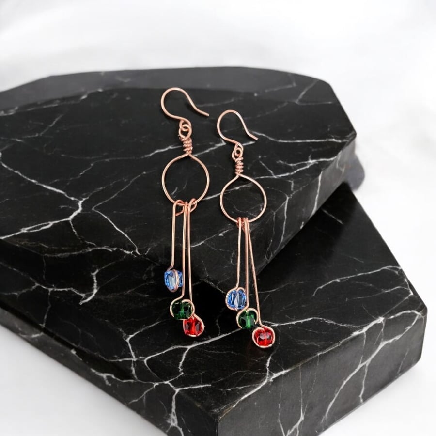 Copper Crystal Earrings, Dangle, Vibrant - Gift Boxed