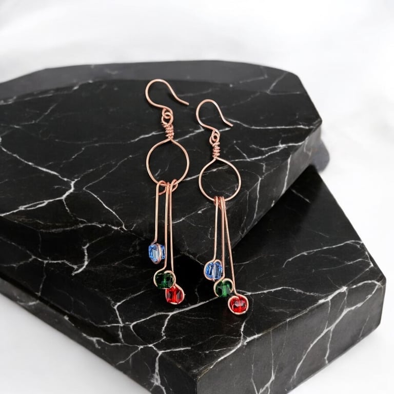 Copper Crystal Earrings, Dangle, Vibrant - Gift Boxed