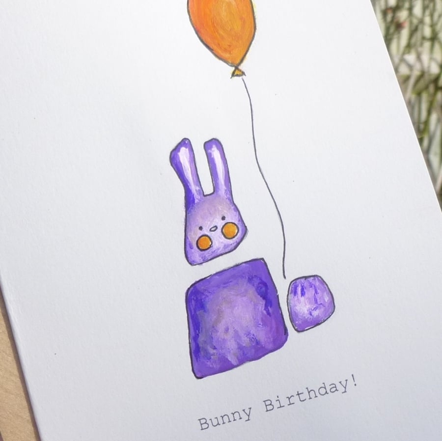Hand painted birthday card Bunny Balloon kids celebration