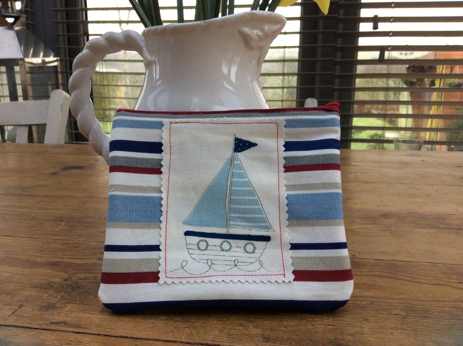 Cosmetic Bag or Phone Case Nautical Stripes With Sailing Boat