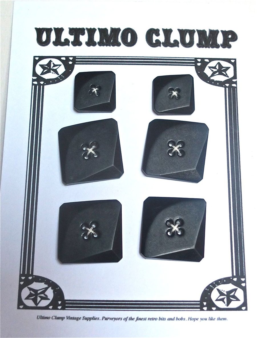 6 Vintage Square Black Buttons