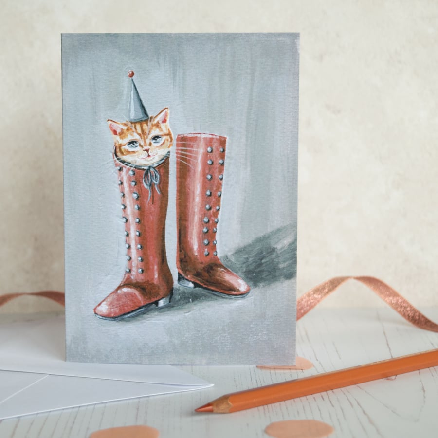 Puss in Boots, ginger tom cat, illustrated blank A6 note card. Any occasion.