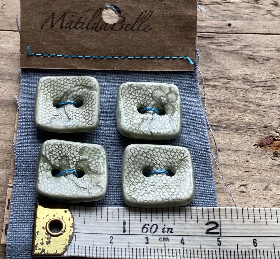 Buttons handmade Square Green Pottery Lace set of 4