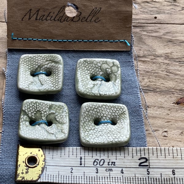 Buttons 20mm handmade Square Green Pottery Lace set of 4