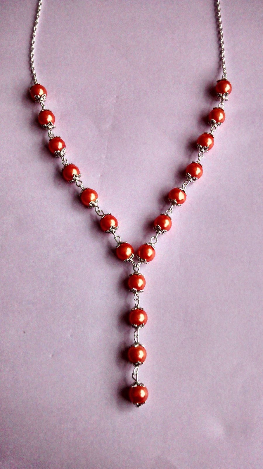Vintage Style Orange Glass Pearl Y-shaped Dropper Necklace 