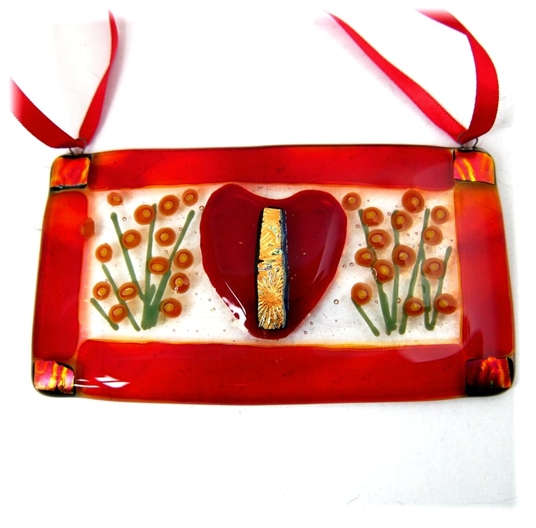 Heart and Flowers Fused Glass Hanging Love Plaque Gift Handmade 