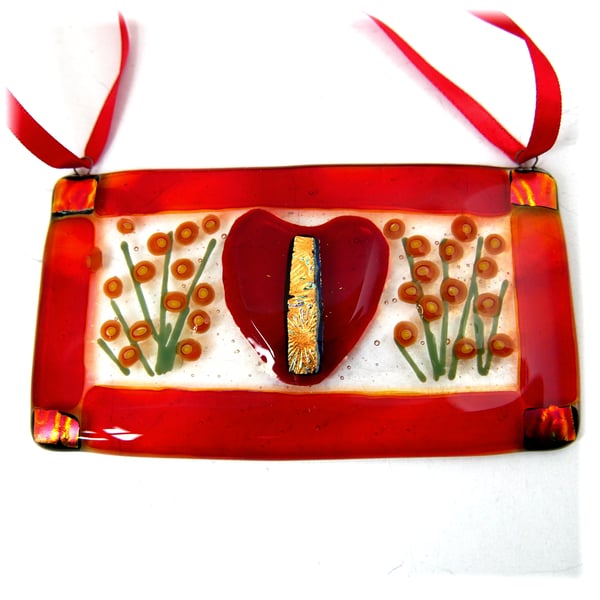 Heart and Flowers Fused Glass Hanging Love Plaque Gift Handmade 
