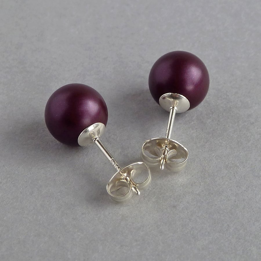 8mm Plum Pearl Stud Earrings - Round, Everyday, Aubergine Purple Studs - Gifts