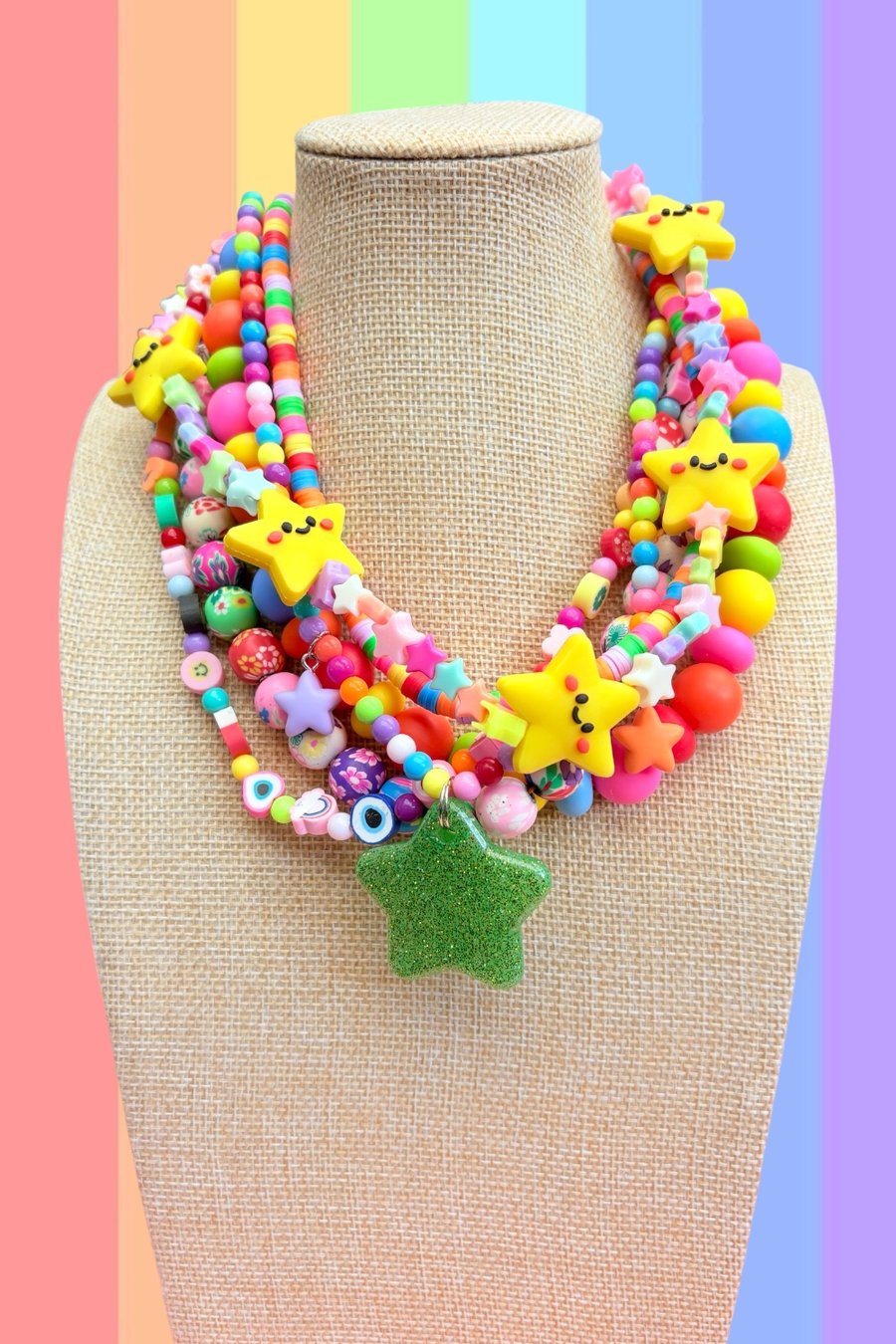 Rainbow dopamine maximalist beaded multi layer charm necklace 