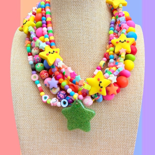 Rainbow dopamine maximalist beaded multi layer charm necklace 