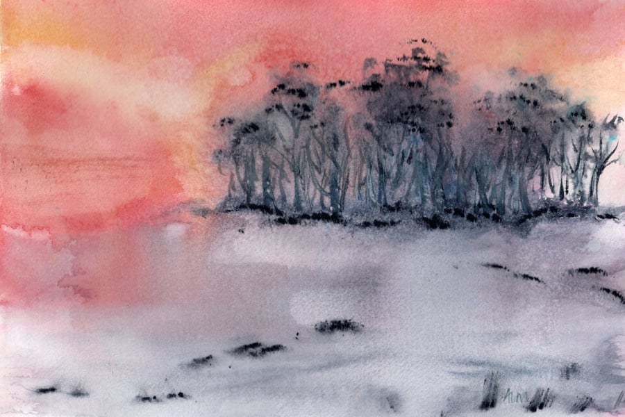 Winter Sun, watercolour painting with mount and frame