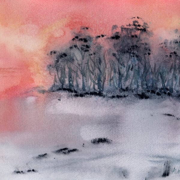 Winter Sun, watercolour painting with mount and frame
