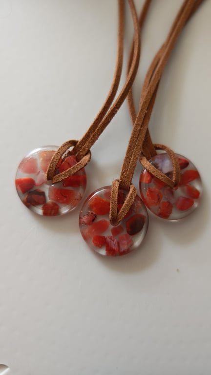 Red Agate Resin Circle Necklace: Crystal Pendant On Cord- Handmade Jewelry