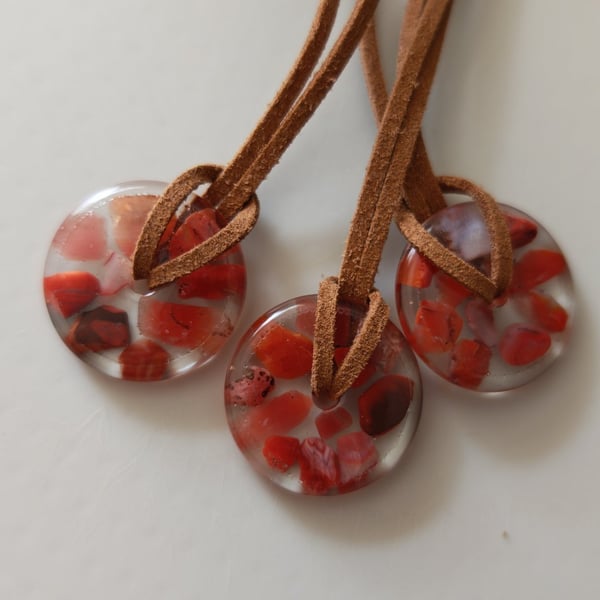 Red Agate Resin Circle Necklace: Crystal Pendant On Cord- Handmade Jewelry