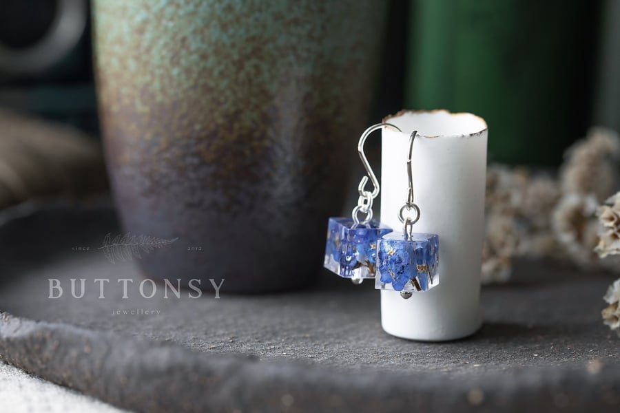 Forget Me Nots Cube Earrings Resin Earrings Something Blue Botanical Jewelry Pre