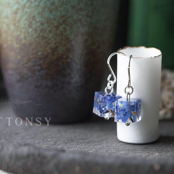 Forget Me Nots Cube Earrings Resin Earrings Something Blue Botanical Jewelry Pre